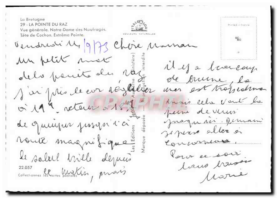 CPM La Bretagne La Pointe du Raz vue generale Notre Dame des Naufrages Tete de Cochon Extreme Pointe — Verso