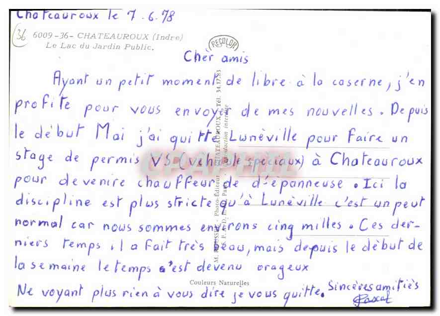 CPM Chateauroux Indre le Lac du Jardin public  — Rückseite