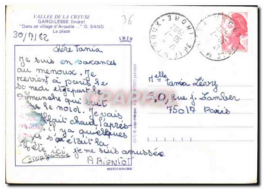 CPM Vallee de la Creuse Gargilesse Indre Dans ce village d'Arcadie G Sand la Plage  — Back