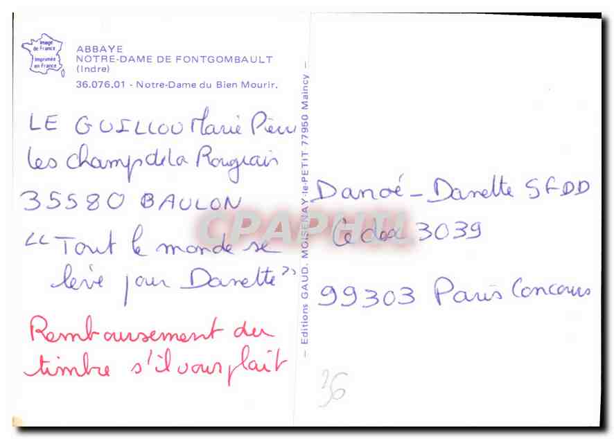 CPM Abbaye Notre Dame de Fontgombault Indre Notre Dame du Bien Mourir  — Rückseite