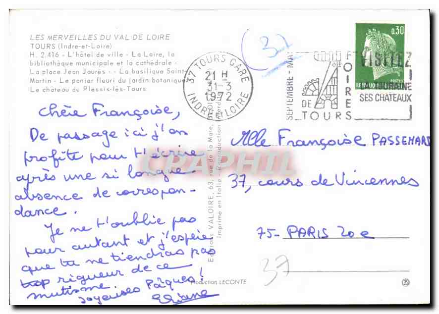 CPM Les Merveilles du Val de Loire Tours Indre et Loire l'Hotel de Ville la Loire la bibliotheque mu — Rückseite