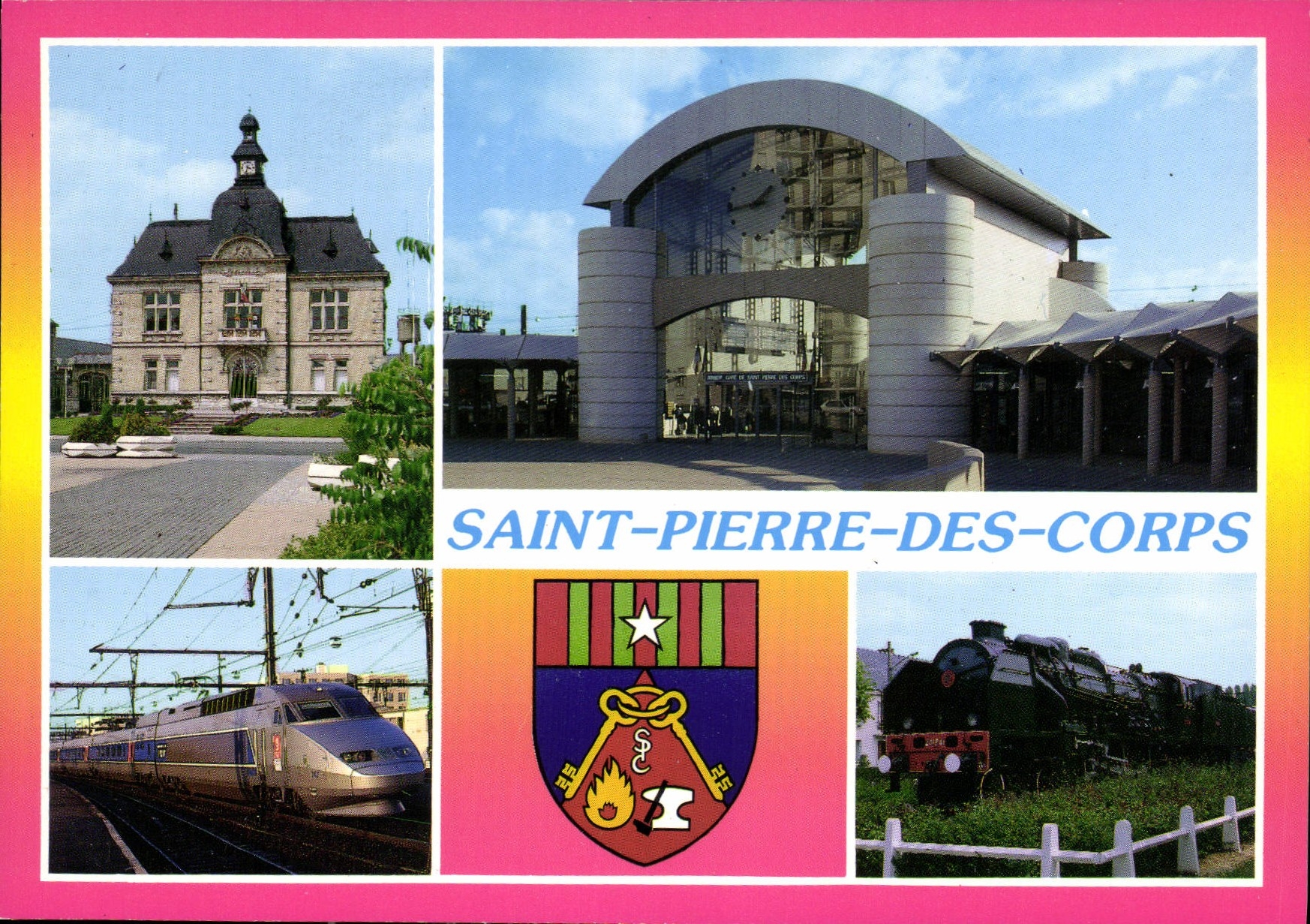 CPM Saint Pierre des Corps I et L l'Hotel de Ville La Gare Locomotive a vapeur de 1935 