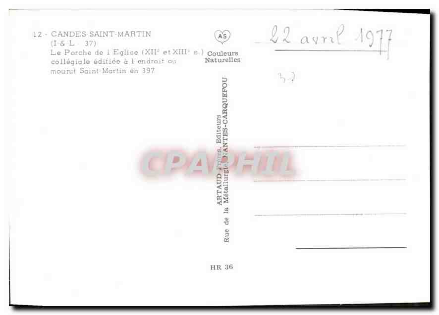 CPM Candes Saint Martin I et L le Porche de l'eglise XII et XIII S Collegiale edifiee a l'endroit ou — Rückseite
