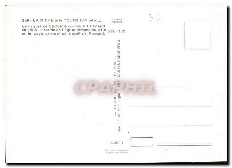 CPM La riche pres Tours I et L le Prieure de St Cosme ou mourut Ronsard en 1585 l'abside de l'eglise — Verso