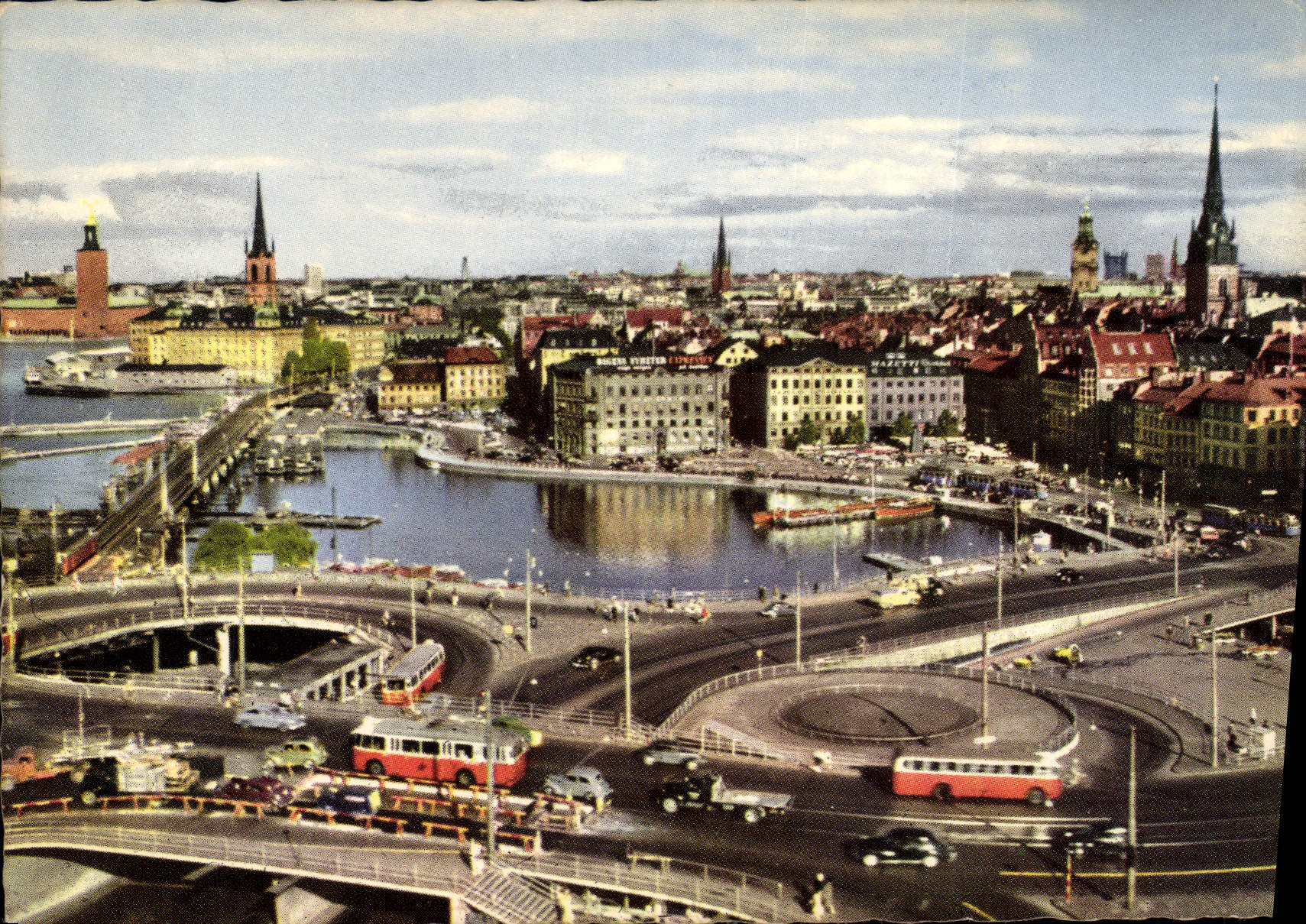 CPM Stockholm View of the Old Tower and The Sluice a Traffec Circus 