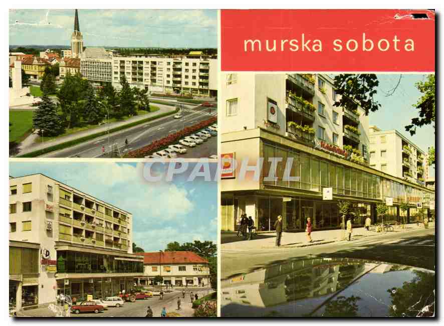 Murska Sobota — vue panoramique et rue avec bâtiment commercial — éditeur Lado Kfar, n° 6 MS - 337/73