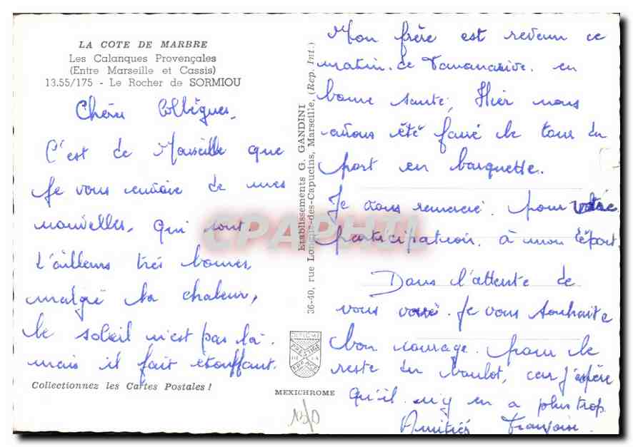 CPM La Cote de Marbre Les Calangues Provencales Entre Marseille et Cassis Le Rocher de Sormiou  — Rückseite