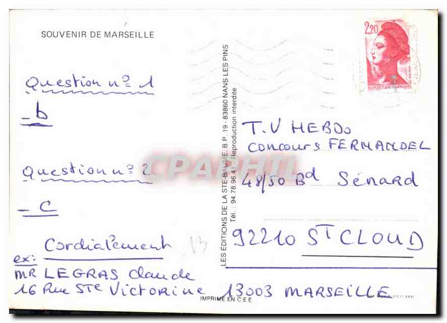 CPM Souvenir de Marseille  — Rückseite