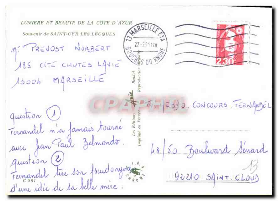 CPM Lumiere et Beaute de la Cote d'Azur Souvenir de Saint Cyr les Lecques  — Rückseite