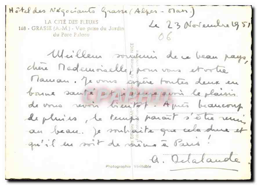 CPM La Cite des Fleurs Grasse A M vue prise du Jardin du Parc Palace  — Rückseite