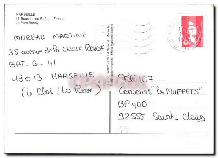 CPM Marseille Bouches du Rhone France le Parc Borely  — Rückseite