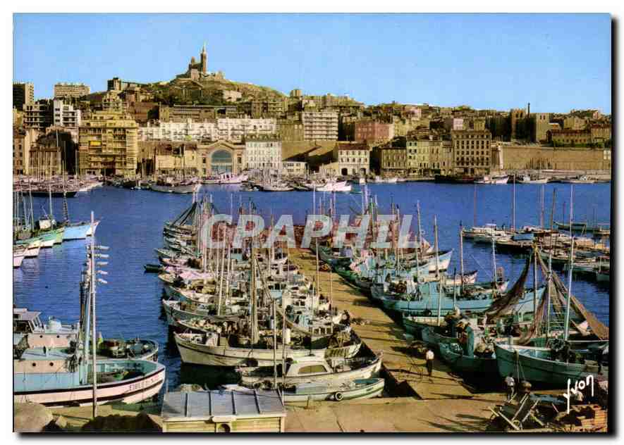 CPM Couleurs et lumiere de France Marseille Bouches du Rhone le vieux Port en arriere plan Notre Dam