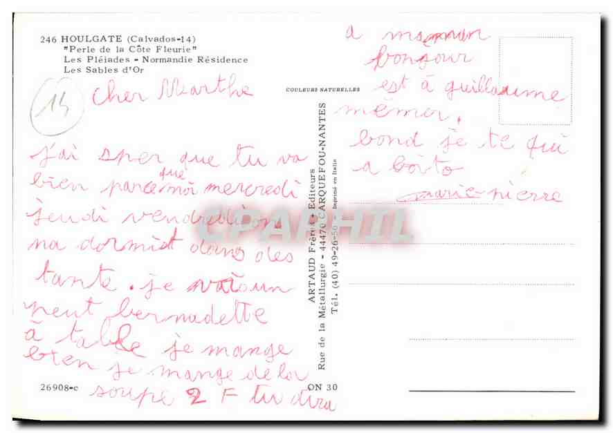 Houlgate (Calvados-14) — 'Perle de la Côte Fleurie' — Les Pléiades - Résidence Les Sables d'Or — Éditeur Artaud Frères — Verso