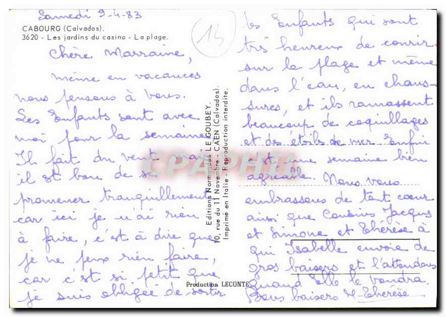 Cabourg — vue panoramique des plages, hôtels et jardins — Éditeur Emy — Rückseite