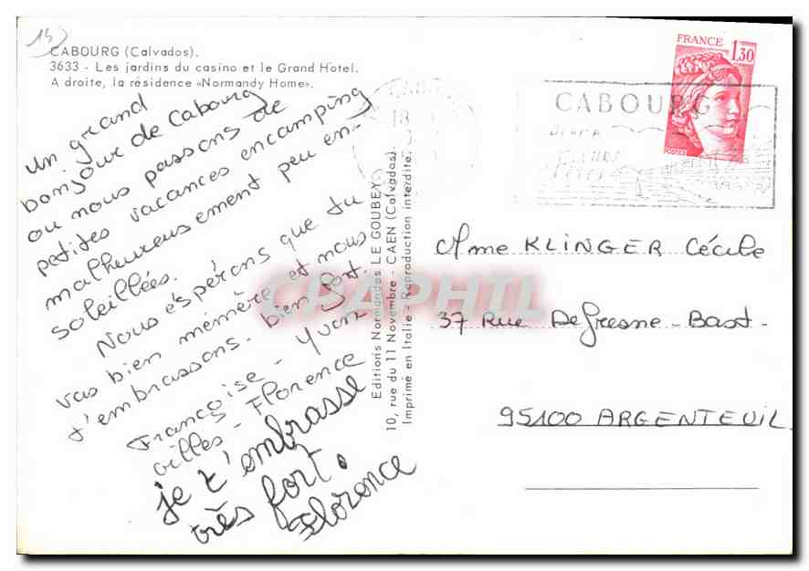 CPM Cabourg Calvados les jarins u casino et le Grand hotel a droite la residence Notmandy Home  — Rückseite