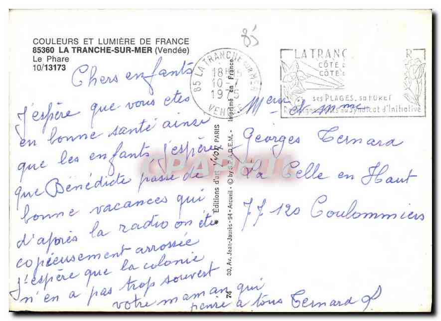 CPM Couleurs et Lumiere de France La Tranche sur Mer Vendee le Phare  — Back