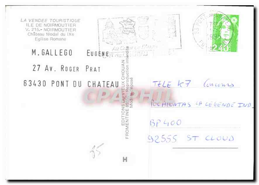 CPM La Vendee Touristique Ile de Noirmoutier Noirmoutier Chateau feodal du IX Eglise Romane  — Rückseite