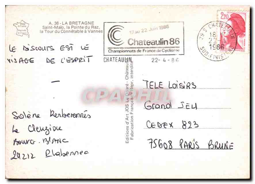 Carte postale touristique de la Bretagne — Éditions d'Art JOS, Châteaulin — n° 36 — Rückseite
