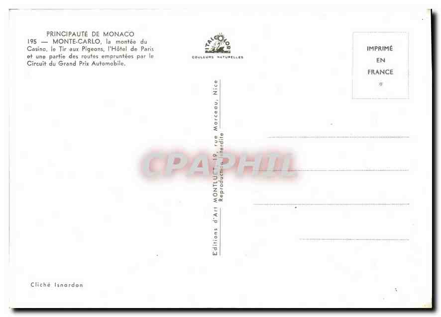 CPM Principaute de Monaco Monte Carlo la montee du casino le Tir aux Pigeons l'Hotel de Paris et une — Rückseite