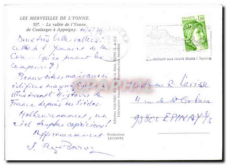 CPM Les Merveilles de L'Yonne la Vallee de l'Yonne de Coulanges a Appoigny  — Rückseite