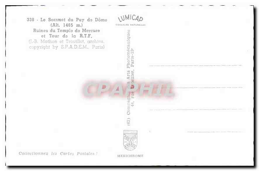 CPM le Sommet du Puy de Dome Ruines du Temple de Mercure et Tour de la R.T.F.  — Verso