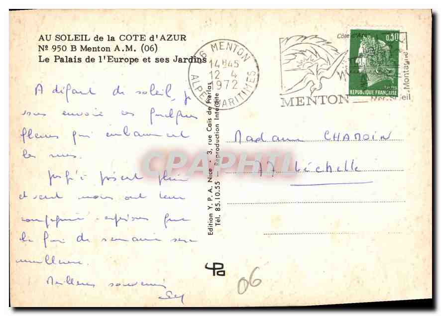 CPM Au soleil de la Cote d'Azur Menton A M le Palais de l'Europe et ses Jardins  — Rückseite