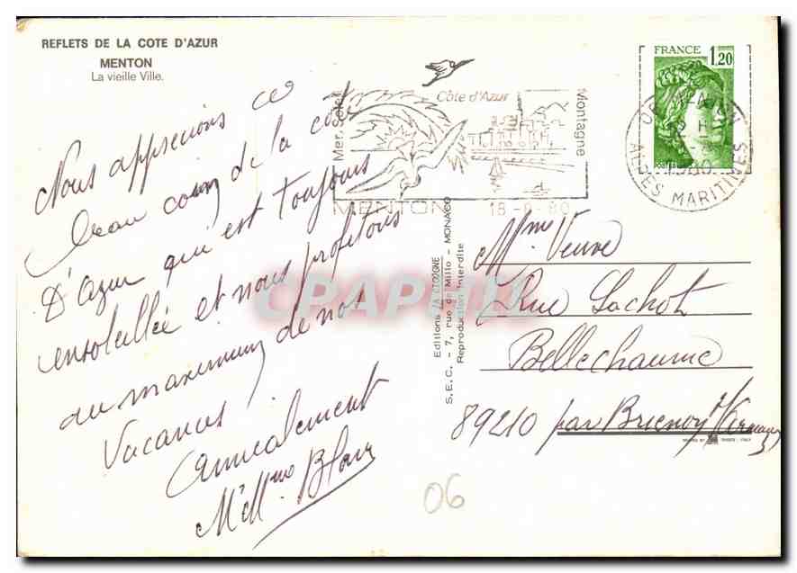 Menton — Vue de la vieille ville et de la plage — Editions S.E.C. n° 06 — Reverso