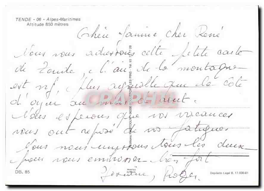 Tende — Haute Vallée de la Roya — éditeur Photographe DB.85 — Verso