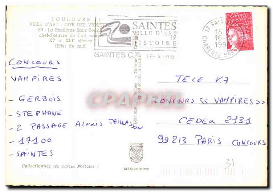 Saintes - La Basilique Saint-Saturnin — chef-d'œuvre de l'art roman XIe et XIIIe siècles — éditeur Mexichrome — Verso