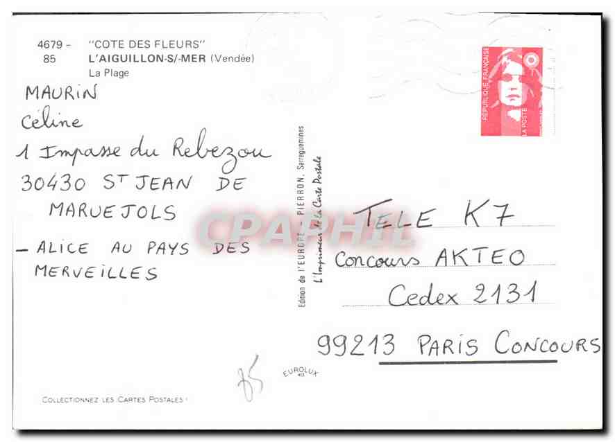 CPM Cote des Fleurs L'Aiguillon S/Mer Vendee la Plage  — Verso