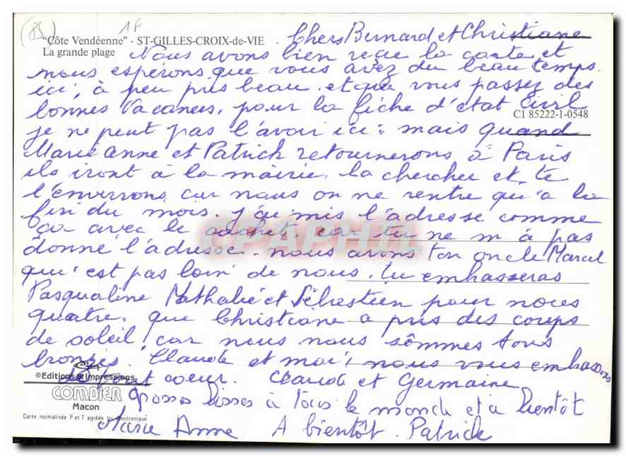 CPM Cote Vendeenne St Gilles Croix de Vie la grande plage  — Verso
