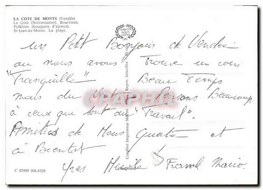CPM La Cote de Monts Vendee le Gois Noirmoutier Bourrines Folklore bouquets d'ajoncs St Jean de Mont — Rückseite
