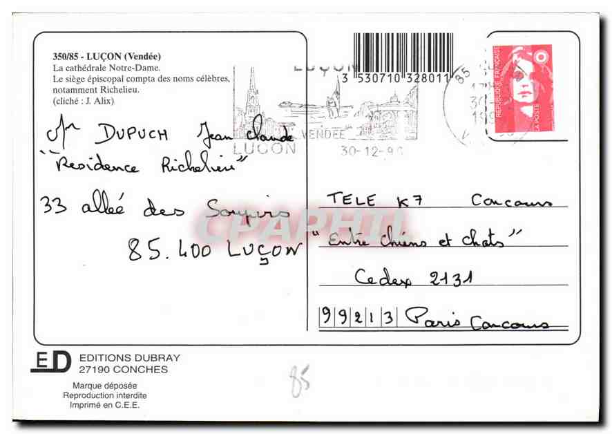 Luçon — Cathédrale Notre-Dame — Éditions Dubray, n° 350/85 — Reverso