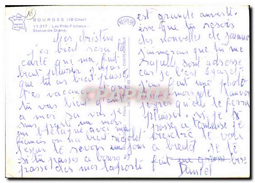 CPM Bourges Cher les Pres Fichaux Statue de Diane  — Rückseite