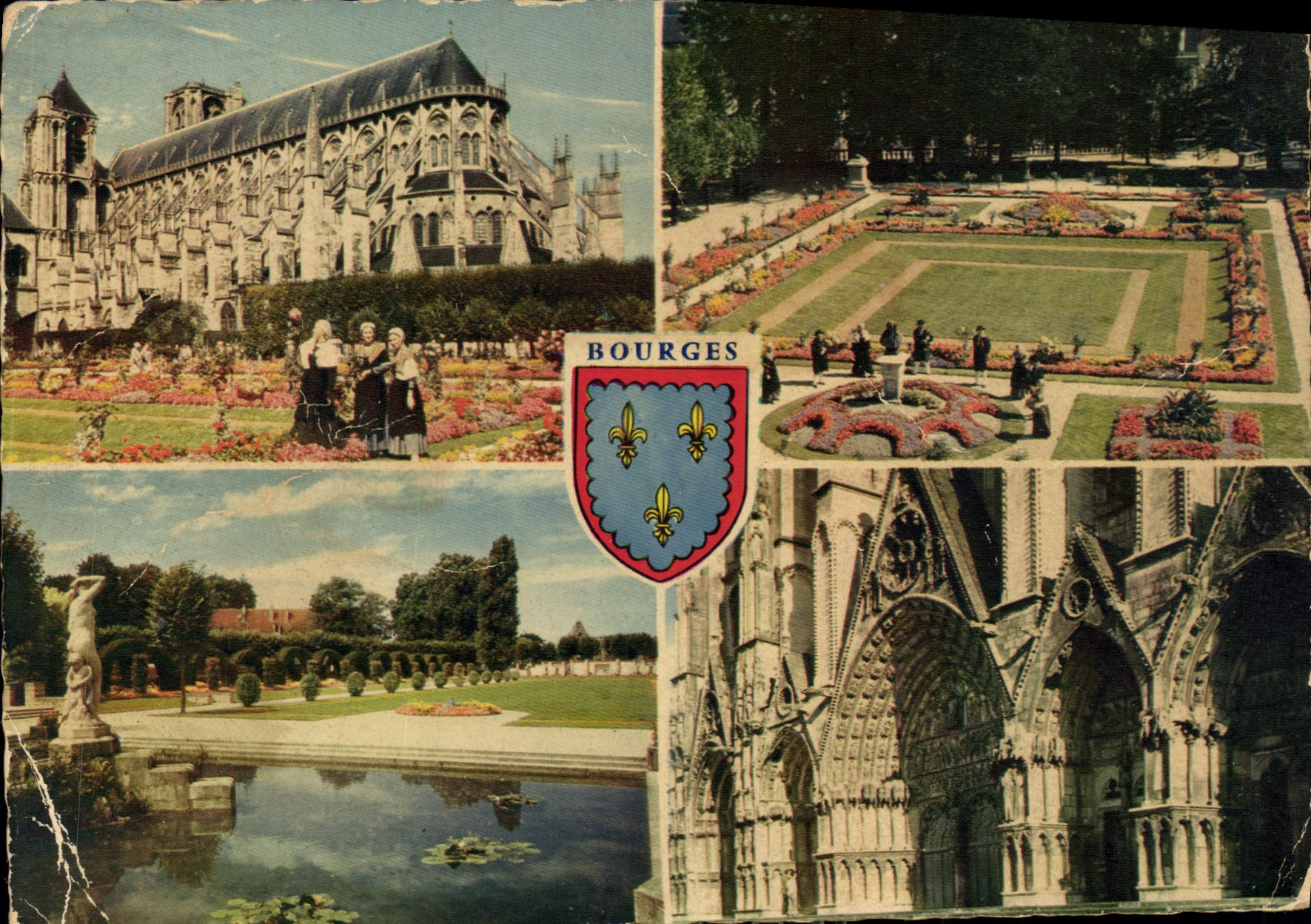 CPM Bourges Cher la cathedrale St Etienne les jardins de l'hotel de ville les Pres Fichaux les cinq 