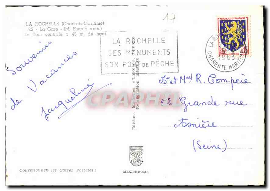 CPM La Rochelle Charente Maritime la Gare la Tour centrale  — Verso