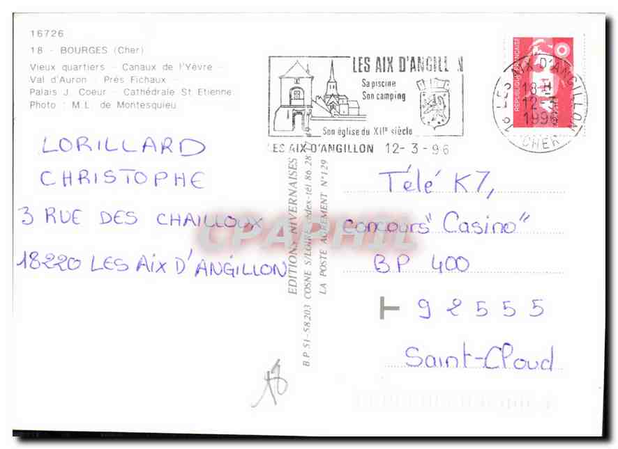 CPM Bourges Cher Vieux quartiers Canaux de l'Yevre Val d'Auron Pres Fichaux Palais J Coeur Cathedral — Rückseite
