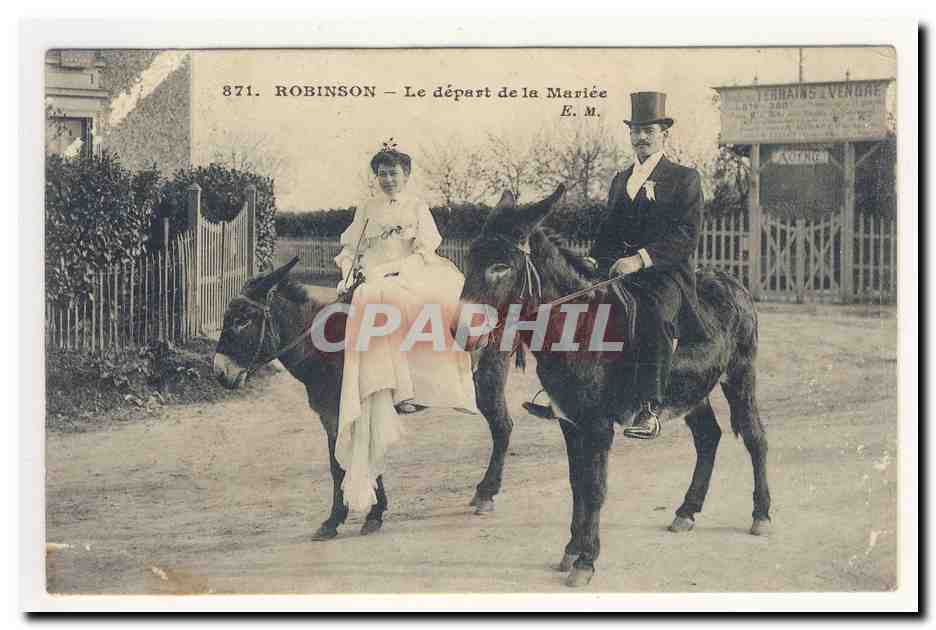 RoBINSON Le depart de la mariee Noce en promenade Anes Animation CPA
