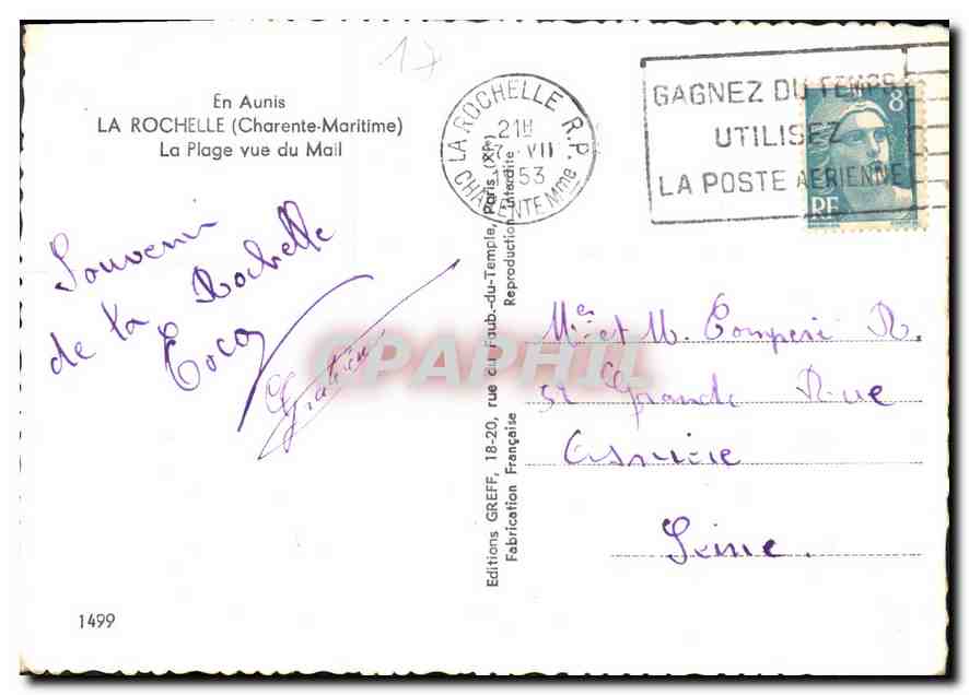 La Plage vue du Mail — La Rochelle (Charente-Maritime) — Éditions GREFF, n°1499 — Verso
