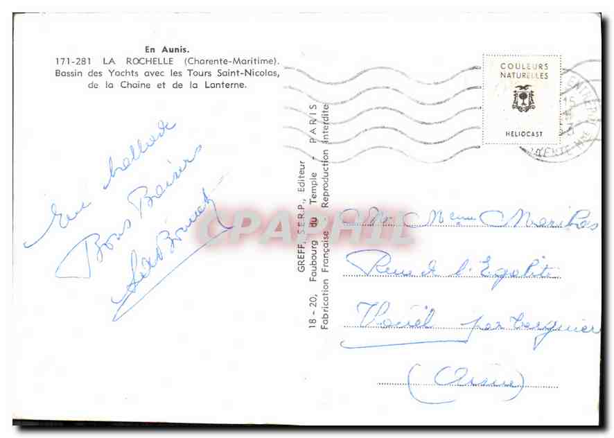 La Rochelle — Bassin des Yachts avec les Tours Saint-Nicolas et de la Lanterne — Greff, éditeur — Verso