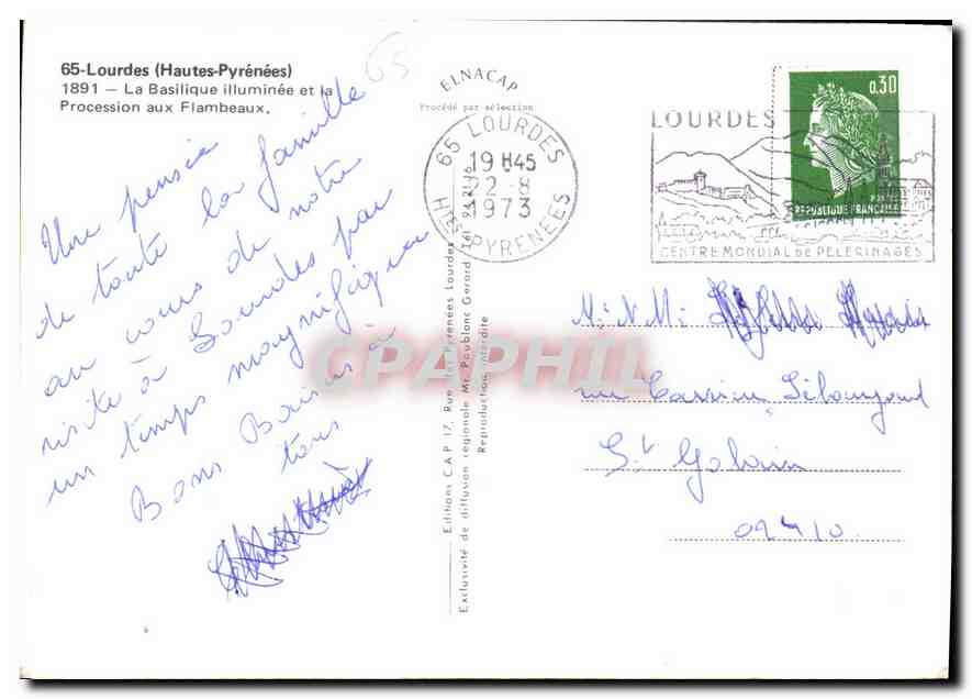 CPM Lourdes Hautes Pyrenees La Basilique illuminees et la Procession aux Flambeaux  — Verso