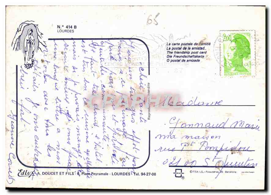 CPM Une pensee de Lourdes  — Verso