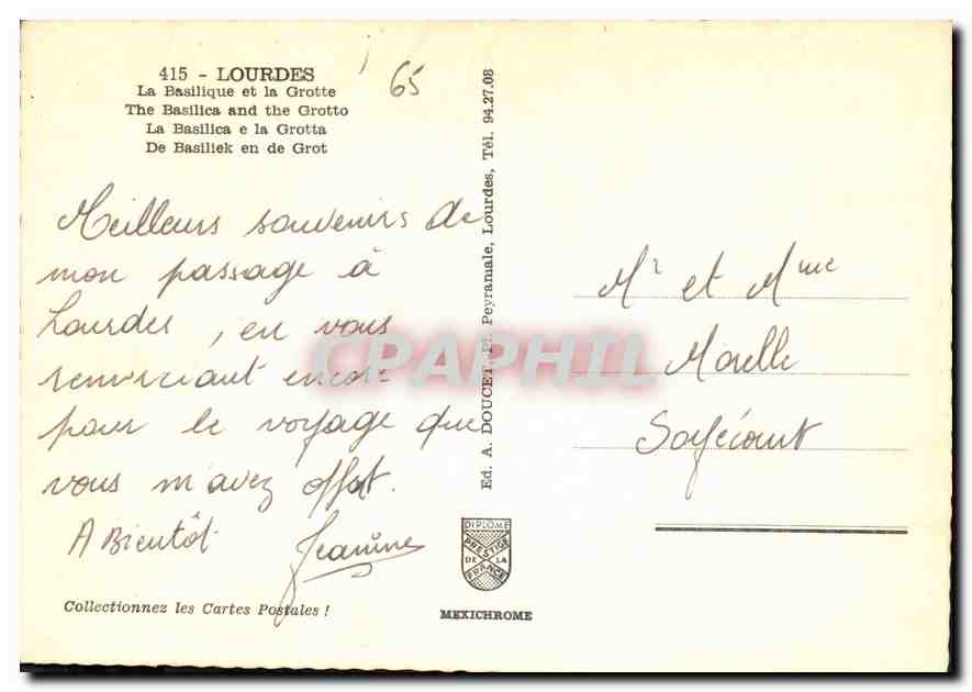 CPM Lourdes La Basilique et la Grotte  — Verso