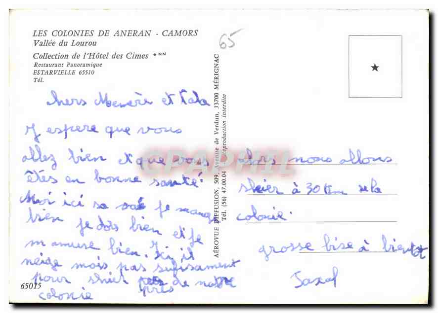 Les Colonies de Aneran - Camors — Vallée du Lourou — Restaurant Panoramique — Éditeur : Diffusion 509, Avenue de Verdun, 33700 Méribac — Verso