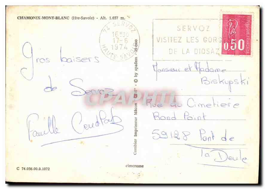 Chamonix Mont Blanc — vue panoramique et train — éditeur Combière Imprimeur Mâcon — Rückseite