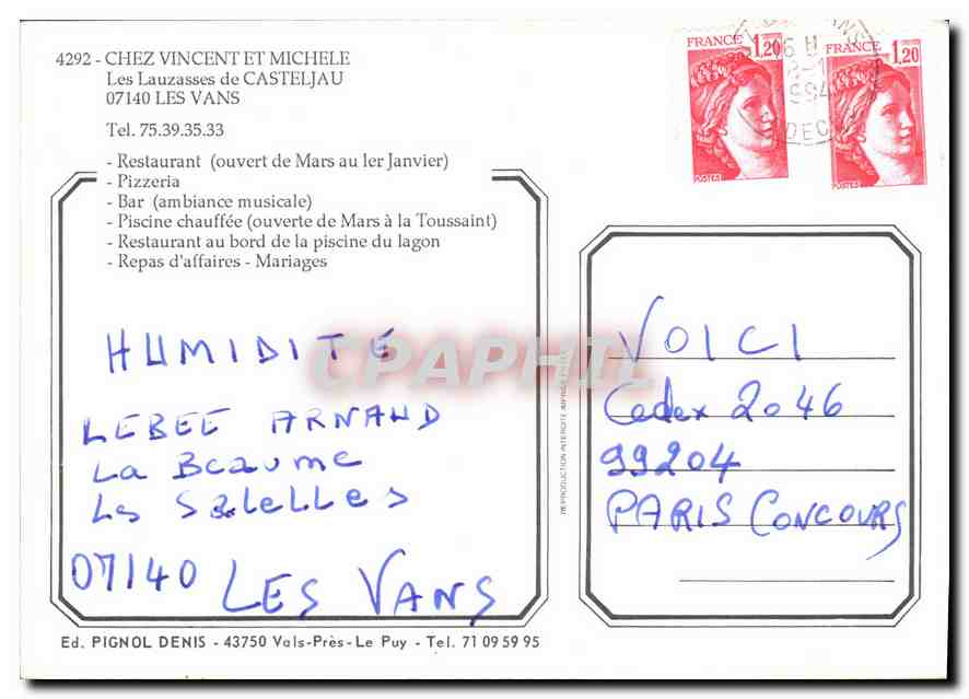 CPM Chez Vincent et Michele Les Lauzasses de Casteljau Les Vans  — Rückseite