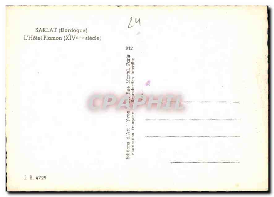 Sarlat (Dordogne) — L'Hôtel Plamon (XIVème siècle) — Éditions d'Art 'Yvon', Paris — Verso