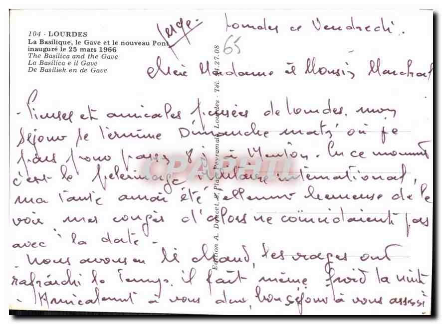 CPM Lourdes La basilique le Gave et le nouveau Pont inaugure le mars 1966  — Verso