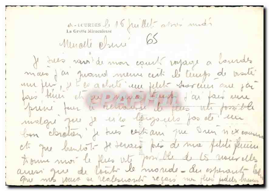 CPM Lourdes La Grotte Miraculeuse  — Rückseite