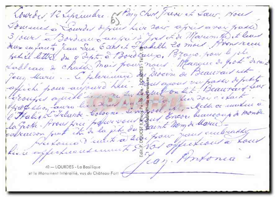 CPM Lourdes La Basilique et le Monument Interailie vus du Chateau Fort  — Verso